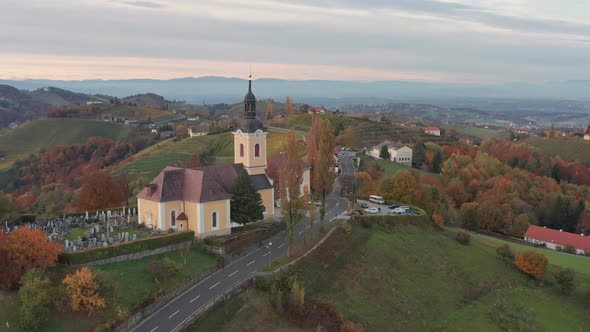 Aerial View of Austrian Vilage Kitzeck Im Sausal on Vineyard During Autumn Sunset Region in Styria