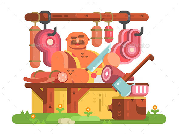 Butcher Man Cuts Meat - People Characters