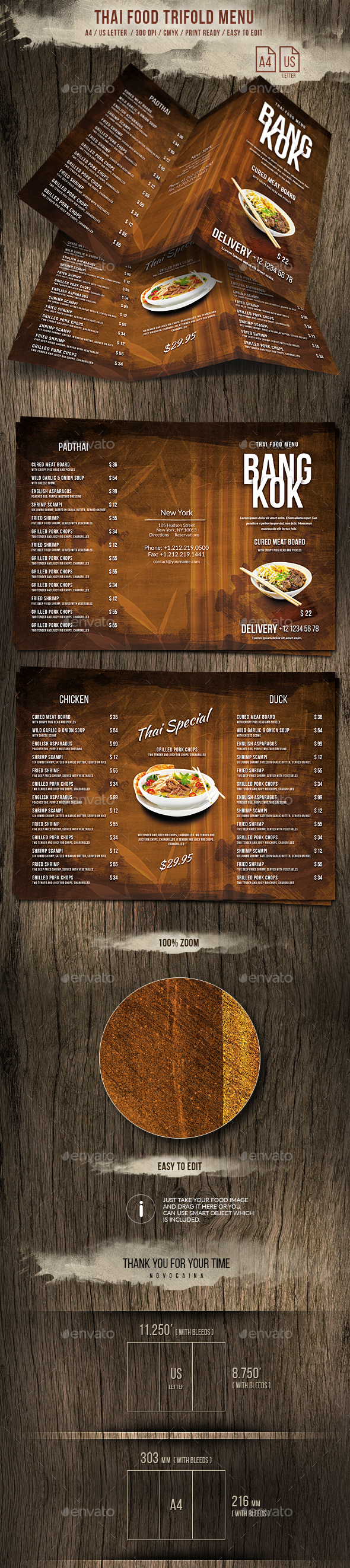 Thai Trifold A4 and US Letter Menu - Food Menus Print Templates