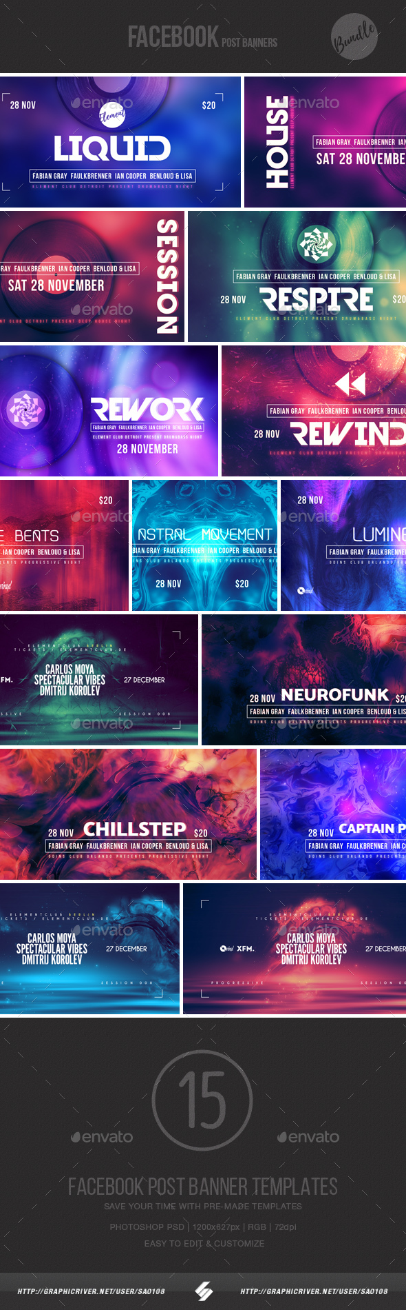 Electronic Music Event Facebook Post Banner Templates Bundle 7 - Social Media Web Elements