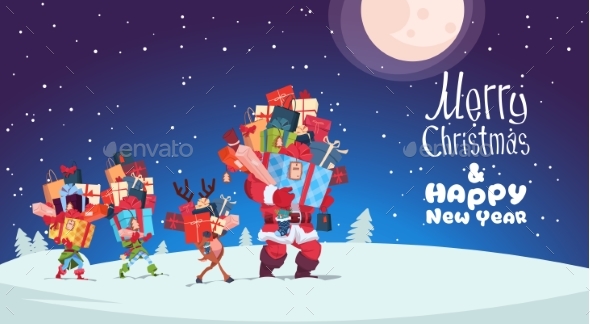 Happy New Year Card With Elves, Reindeer And Santa - Miscellaneous Vectors