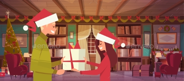 GraphicRiver Couple In Santa Hats Holding Present Box Celebrate 20893480 GraphicRiver Couple In Santa Hats Holding Present Box Celebrate 20893480