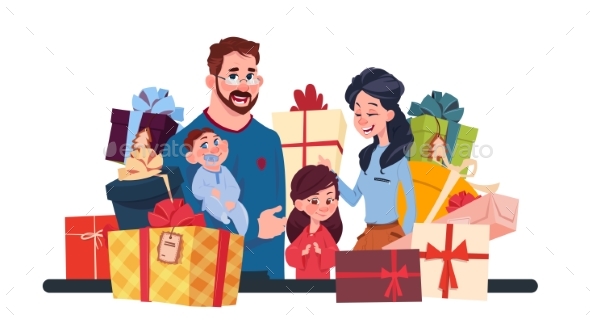 Young Family Together With Present Boxes On White - Miscellaneous Vectors