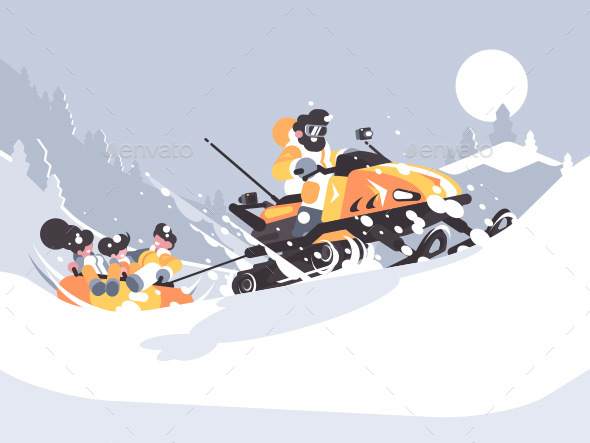 Man on Snowmobile Drives Children - Miscellaneous Vectors