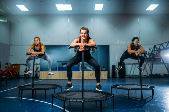 Stuepige Articulation Forbyde Women on trampoline in motion, fitness training Stock Photo by NomadSoul1