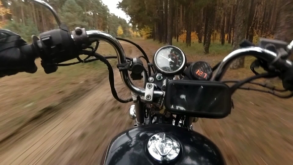 Motorcycle Chopper Puts on a Forest Road alt