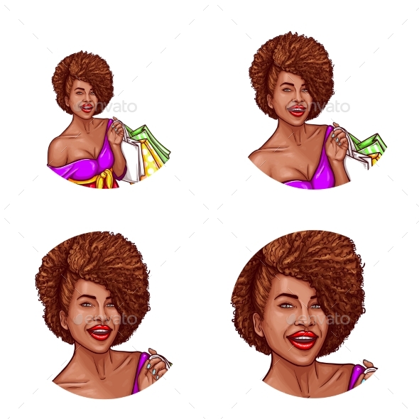 Set of Vector Pop Art Round Avatar Icon for Users