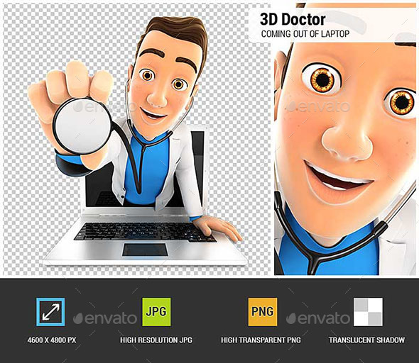 GraphicRiver 3D Doctor Coming Out of Laptop with Stethoscope 20899065 GraphicRiver 3D Doctor Coming Out of Laptop with Stethoscope 20899065