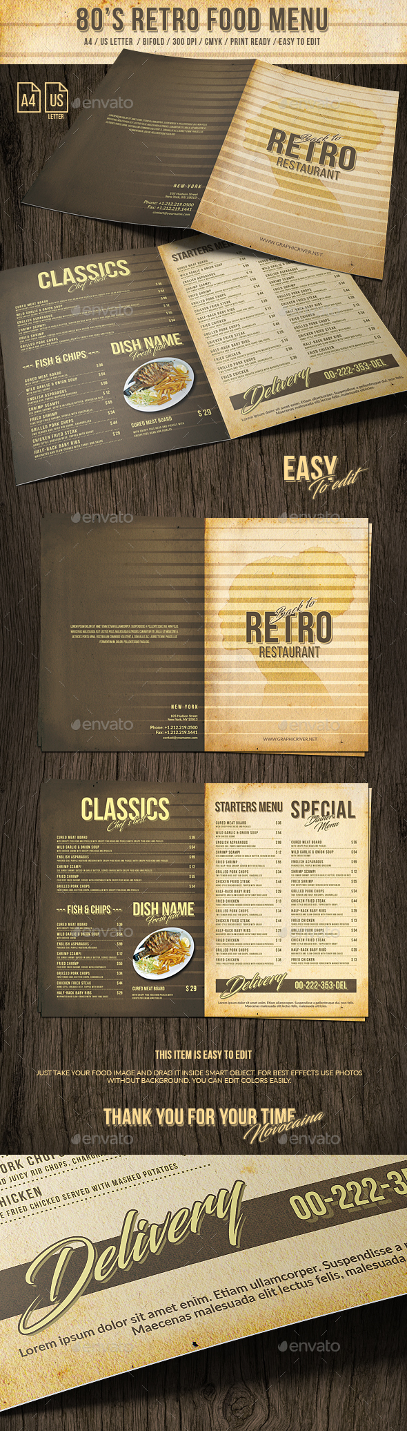 80s Retro Bifold Food Menu US Letter and A4 - Food Menus Print Templates