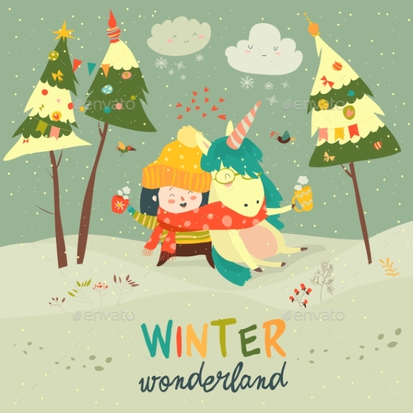 GraphicRiver Girl Hugging Unicorn Winter Wonderland 20901697 GraphicRiver Girl Hugging Unicorn Winter Wonderland 20901697