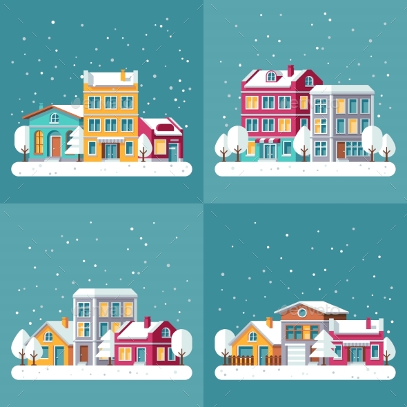 Christmas Winter Holiday Vector Backgrounds Set - Buildings Objects
