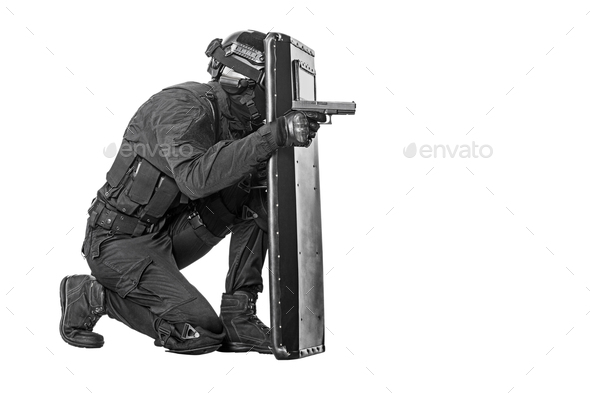 SWAT officer with ballistic shield - Stock Photo - Images