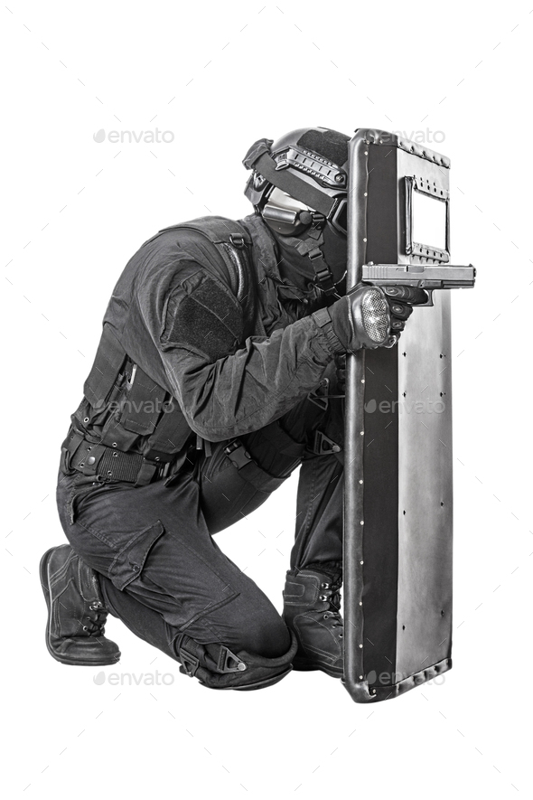 SWAT officer with ballistic shield - Stock Photo - Images