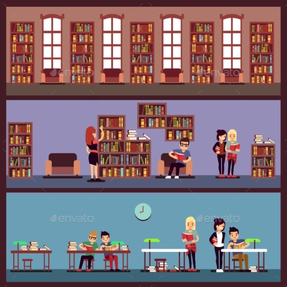 Public Library Banners Concept with Different - Objects Vectors