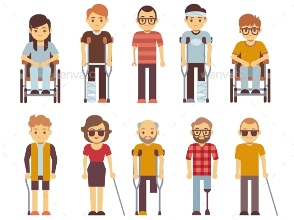 Disabled People Vector Set. Old and Young Invalid - People Characters