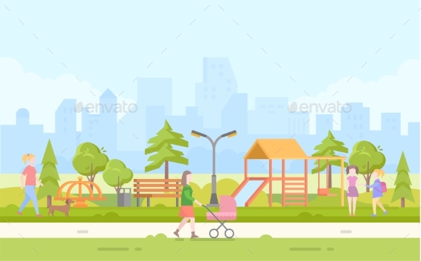 City Children Playground - Modern Cartoon Vector - Buildings Objects