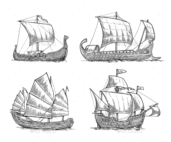 Trireme, Caravel, Drakkar, Junk. Set Sailing Ships - Buildings Objects