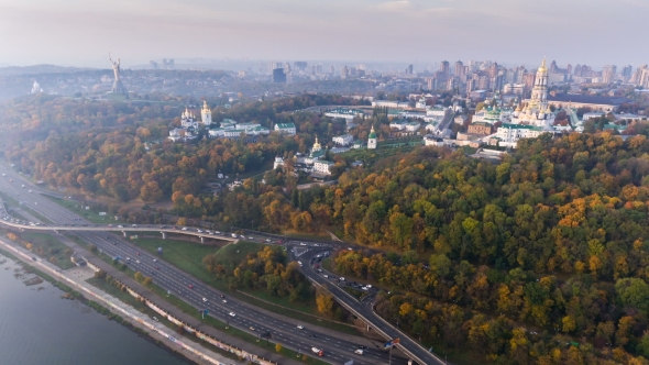 KIEV, UKRAINE October 19, 2017: Flight Over the Embankment of the City of Kiev, Ukraine alt