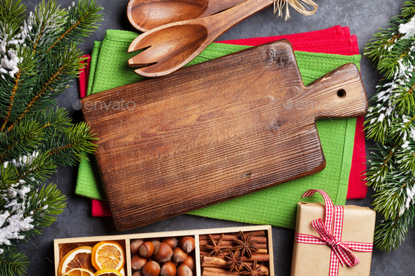 Christmas food decor and cooking utensils