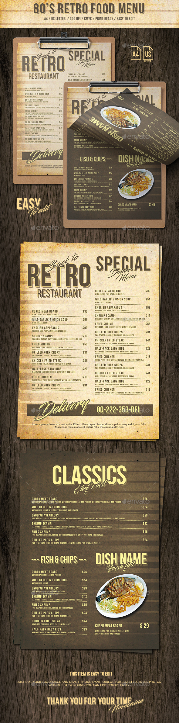 80s Retro Single Page Menu A4 and US Letter - Food Menus Print Templates