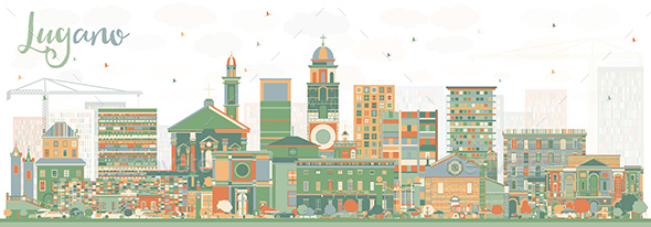 GraphicRiver Lugano Switzerland Skyline with Color Buildings 20907695 GraphicRiver Lugano Switzerland Skyline with Color Buildings 20907695