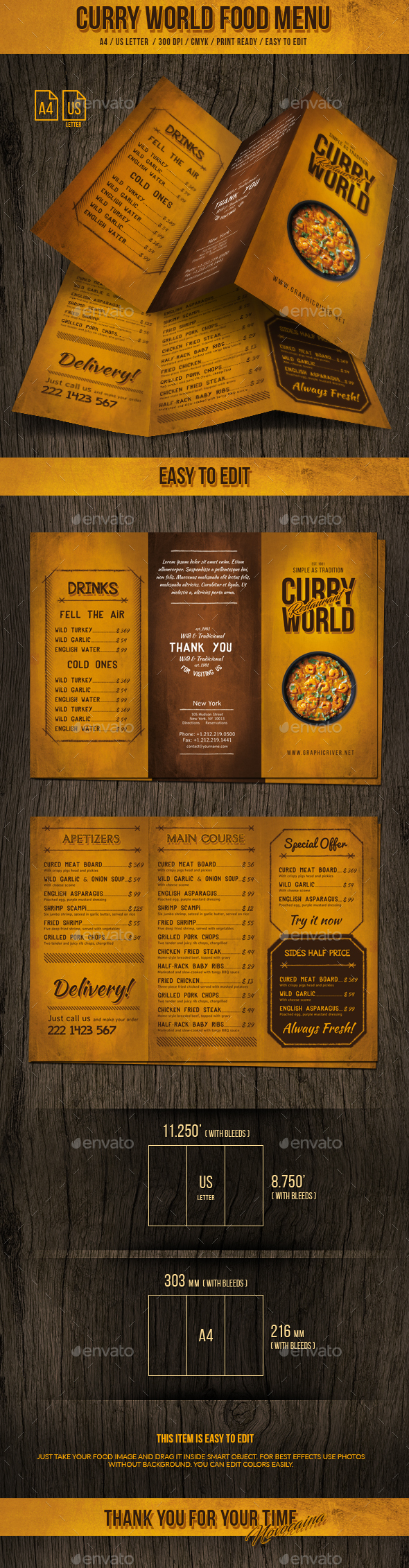 Curry World Retro Trifold Menu A4 and US Letter - Food Menus Print Templates