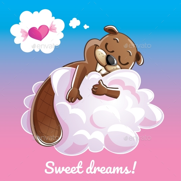 Greeting Card with a Cartoon Beaver on the Cloud - Animals Characters