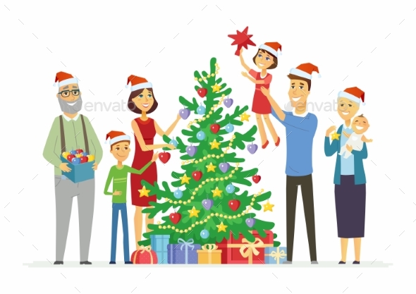 Happy Family Decorates Christmas Tree - Christmas Seasons/Holidays