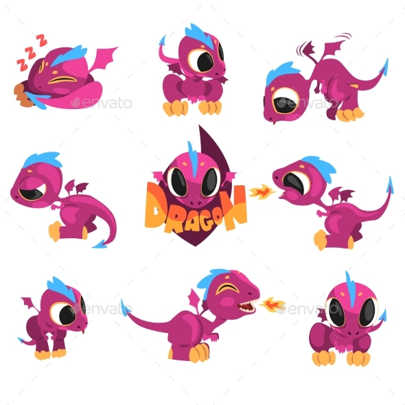 Collection of Cartoon Baby Dragon for Game Design - Animals Characters