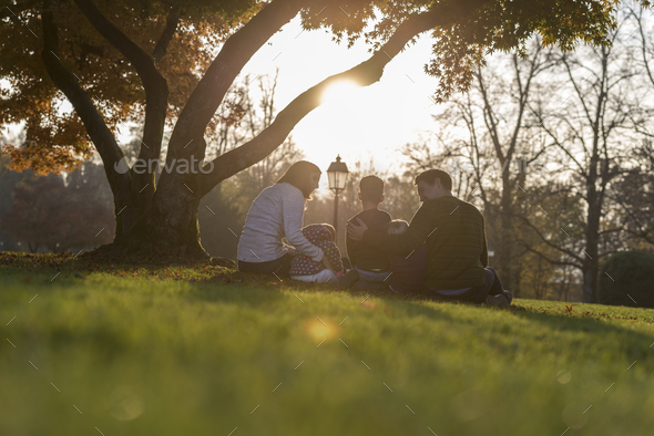 Young family with three kids sitting under autumn tree - Stock Photo - Images