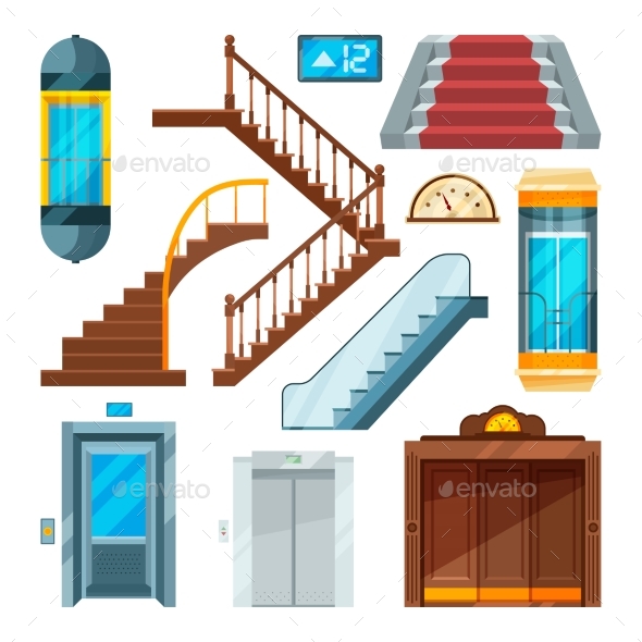Elevators and Stairs in Different Styles - Objects Vectors