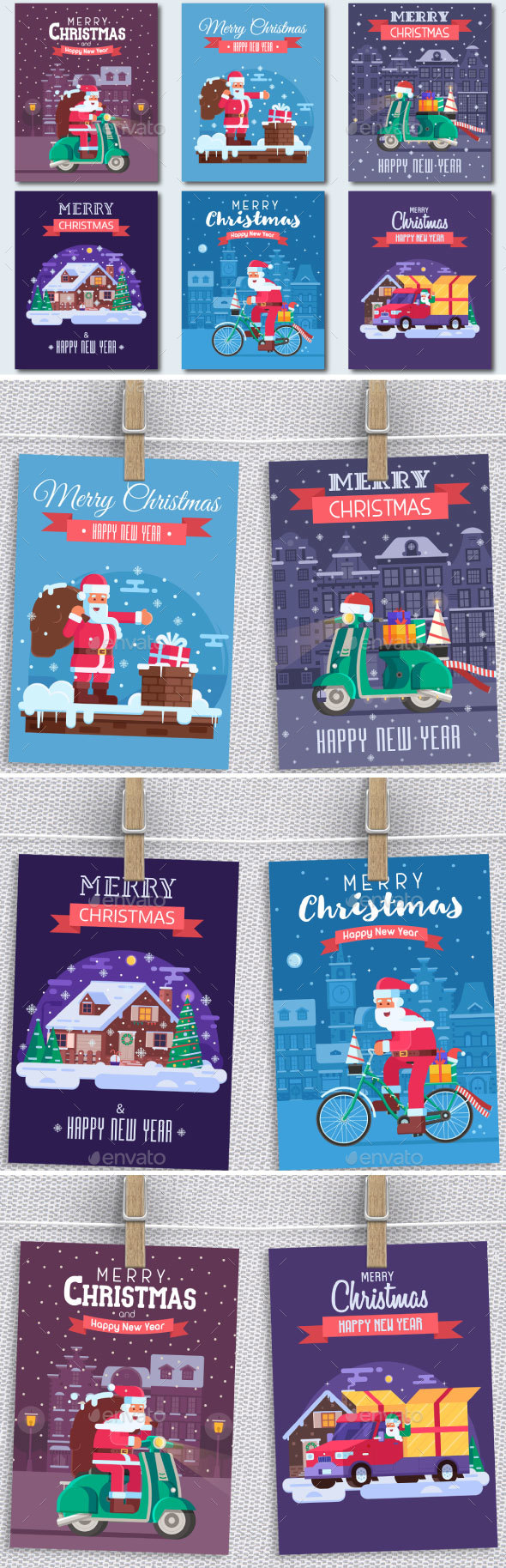 Christmas Cards Set with Santa Delivering Gifts