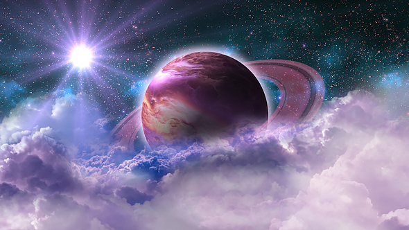 Flying Through Abstract Purple Clouds in Space and Planet with the Shine Star