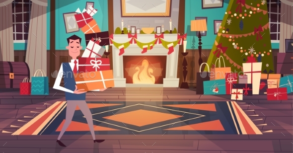 Man Holding Pile of Gift Boxes in Living Room - Christmas Seasons/Holidays