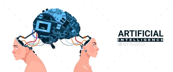 Male and Female Heads with Modern Cyborg Brain - Computers Technology