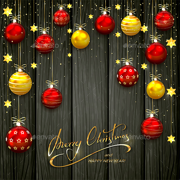 Christmas Balls and Stars on Black Wooden Background