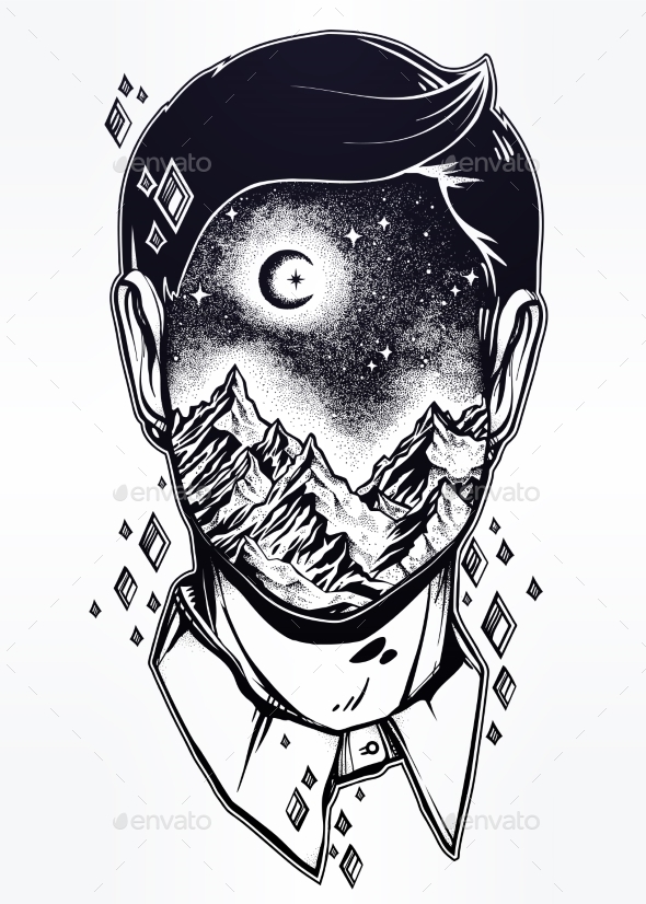 Surreal Man Face, Mountain Landscape, Night Sky. - Landscapes Nature