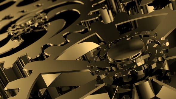 Isolated Rotating Golden Gears Movement of Metal Gears in a Mechanical Device alt