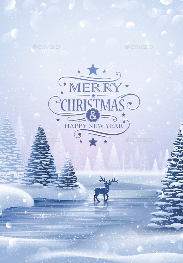 Christmas Card with Reindeer and Snowflakes