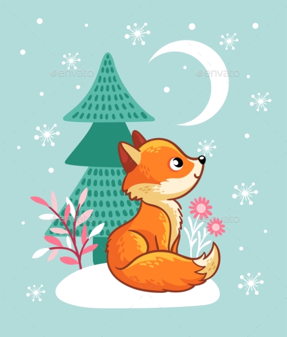 GraphicRiver The Fox Sits in a Snowy Glade Near the Tree 20918492 GraphicRiver The Fox Sits in a Snowy Glade Near the Tree 20918492