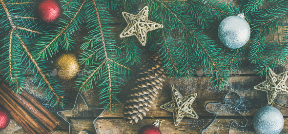 Christmas or New Year holiday flat-lay over wooden background - Stock Photo - Images
