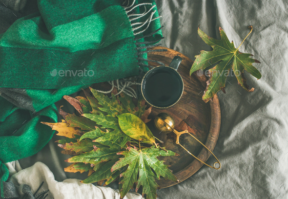 Mug of tea with sieve and autumn leaves, top view - Stock Photo - Images