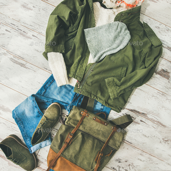 Flat-lay of Fall lady' s clothes outfit, square crop - Stock Photo - Images