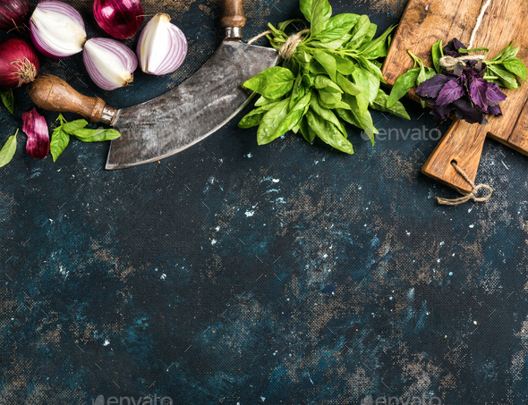 Healthy food cooking background over grunge dark blue plywood texture Stock  Photo by sonyakamoz