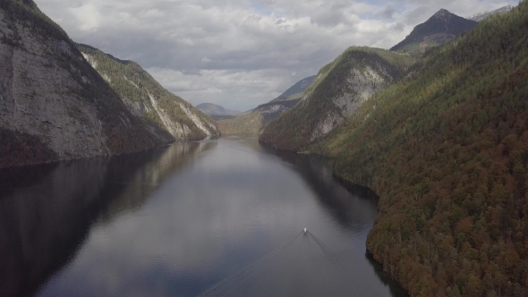 Flight over Konigsee Lake in Berchtesgaden in Germany alt
