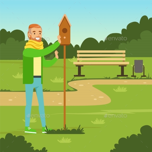 Smiling Man Character Standing Near Birdhouse - Miscellaneous Vectors