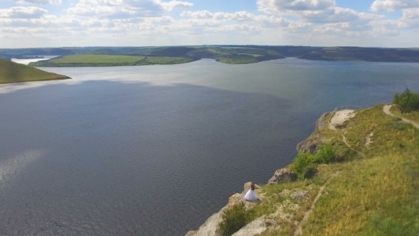 Aerial View on the Dniester Canyon, River and Bakota Bay in National Park Podillya Tovtry alt