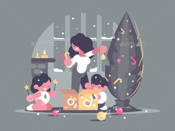 Mother with Children Decorate Christmas Tree - People Characters
