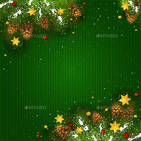 Christmas Decorations with Snow and Stars on Green Knitted Background - Christmas Seasons/Holidays