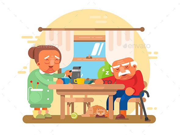 Elderly Grandparents Breakfast Flat - People Characters